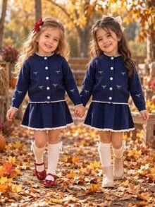SHEIN Baby Girl Knitted Contrast Color Bow Pattern Casual Sweater And Winter Skirt 2 Pieces Set Autumn - Blue and White - View 4