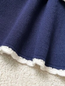 SHEIN Baby Girl Knitted Contrast Color Bow Pattern Casual Sweater And Winter Skirt 2 Pieces Set Autumn - Blue and White - View 6