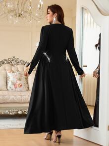 Reflora Plus Size Women's Black Knit Stretch Faux Pearl Decor Elegant Dress Christmas Party Cocktail Evening Formal Fall - Black - View 8