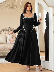 Reflora Plus Size Women's Black Knit Stretch Faux Pearl Decor Elegant Dress Christmas Party Cocktail Evening Formal Fall - Black - View 7