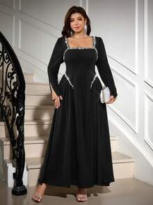 Reflora Plus Size Women's Black Knit Stretch Faux Pearl Decor Elegant Dress Christmas Party Cocktail Evening Formal Fall - Black - View 1