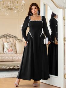 Reflora Plus Size Women's Black Knit Stretch Faux Pearl Decor Elegant Dress Christmas Party Cocktail Evening Formal Fall - Black - View 6