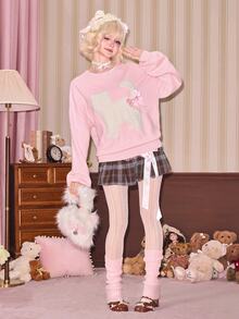 Sweetness Women's Cute Pink Fuzzy Cat Pattern Crew Neck Pullover Sweater, Autumn/Winter - Pink - View 6