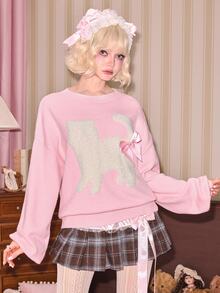 Sweetness Women's Cute Pink Fuzzy Cat Pattern Crew Neck Pullover Sweater, Autumn/Winter - Pink - View 3