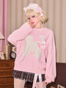Sweetness Women's Cute Pink Fuzzy Cat Pattern Crew Neck Pullover Sweater, Autumn/Winter - Pink - View 1