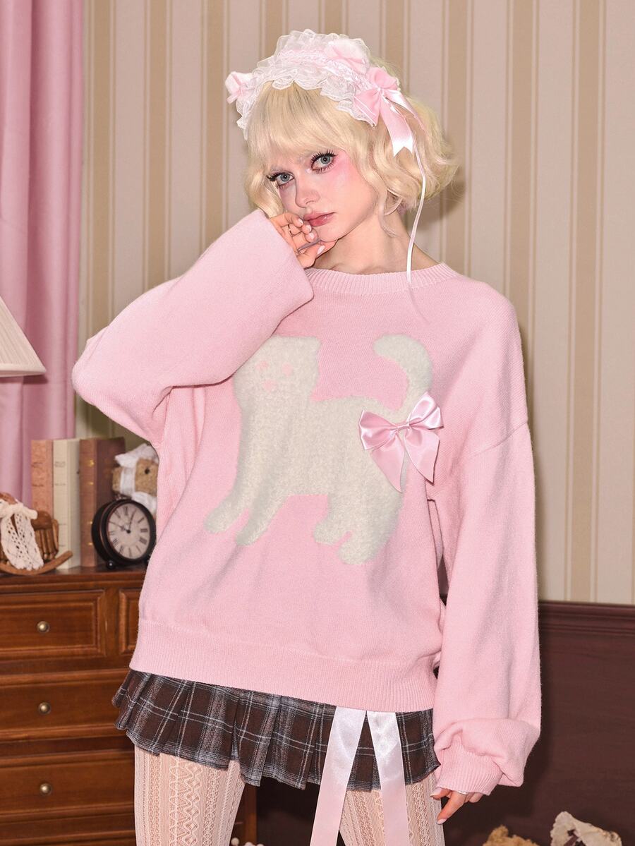 Sweetness Women's Cute Pink Fuzzy Cat Pattern Crew Neck Pullover Sweater, Autumn/Winter - Pink - View 1