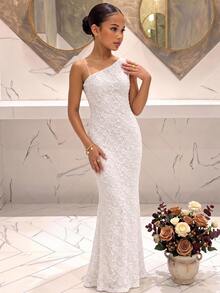 Đầm maxi ren tối giản vai bất đối xứng cho bé gái tween, phong cách tiệc tùng và thường ngày, mùa thu/đông, phù hợp cho mọi mùa - trắng - Xem 2