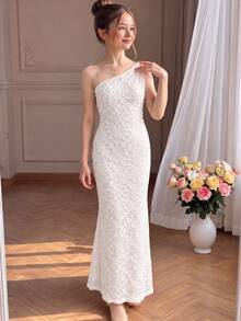 Đầm maxi ren tối giản vai bất đối xứng cho bé gái tween, phong cách tiệc tùng và thường ngày, mùa thu/đông, phù hợp cho mọi mùa - trắng - Xem 4