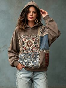 Resyla Women's Casual Vacation Style Patchwork Floral Pattern Drop Shoulder Loose Hooded Sweatshirt - Multicolor - View 5