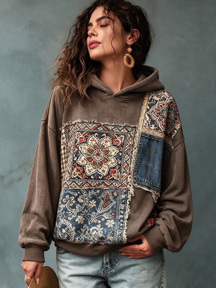 Resyla Women's Casual Vacation Style Patchwork Floral Pattern Drop Shoulder Loose Hooded Sweatshirt - Multicolor - View 1