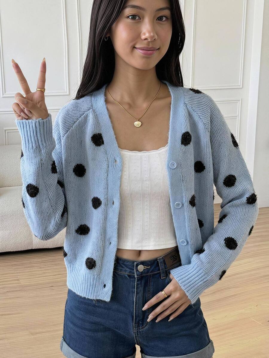 SHEIN 青少年女孩波點休閒日常針織開襟衫 冬季 - 綠色 - 查看 1
