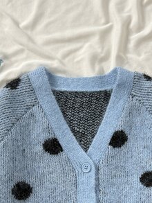 SHEIN 青少年女孩波點休閒日常針織開襟衫 冬季 - 綠色 - 查看 3