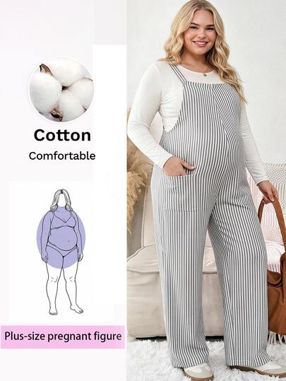 Plussiva Quần yếm bầu size lớn ống rộng họa tiết kẻ sọc có túi