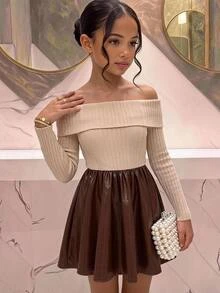 SHEIN Tween Girl Fleece Ribbed Tween Girl PU Patchwork Off-Shoulder Collared Autumn Dress - Multicolor - View 3