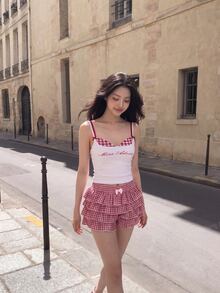 SHEIN MOD 休闲低腰格子紧身荷叶边女式超短裤返校服女式蓝白平角短裤简约日常 - 紅白色 - 查看 7