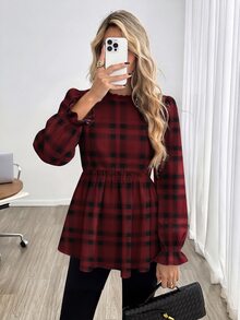 Easowa 女款休閒印花秋冬日常基礎襯衫，聖誕黑紅格紋，經典優雅高智感老錢風，適合郵輪穿搭、婚禮賓客造型、現代都市時尚、商務辦公穿著、低調優雅高級通勤機場造型 - 彩色 - 查看 1
