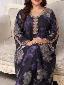 Al Najma 大尺碼女款花卉印花刺繡阿拉伯風保守傳統長洋裝，黑色秋季晚宴婚禮夜會杜拜度假禮服 - 彩色 - 查看 6