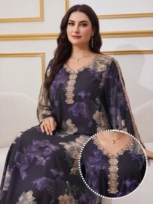 Al Najma 大尺碼女款花卉印花刺繡阿拉伯風保守傳統長洋裝，黑色秋季晚宴婚禮夜會杜拜度假禮服 - 彩色 - 查看 1