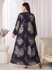 Al Najma 大尺碼女款花卉印花刺繡阿拉伯風保守傳統長洋裝，黑色秋季晚宴婚禮夜會杜拜度假禮服 - 彩色 - 查看 2