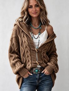 Omancia Vintage Hooded Cable Knit Toggle Cardigan, Casual Long Sleeve Sweater For Autumn - Brown - View 1