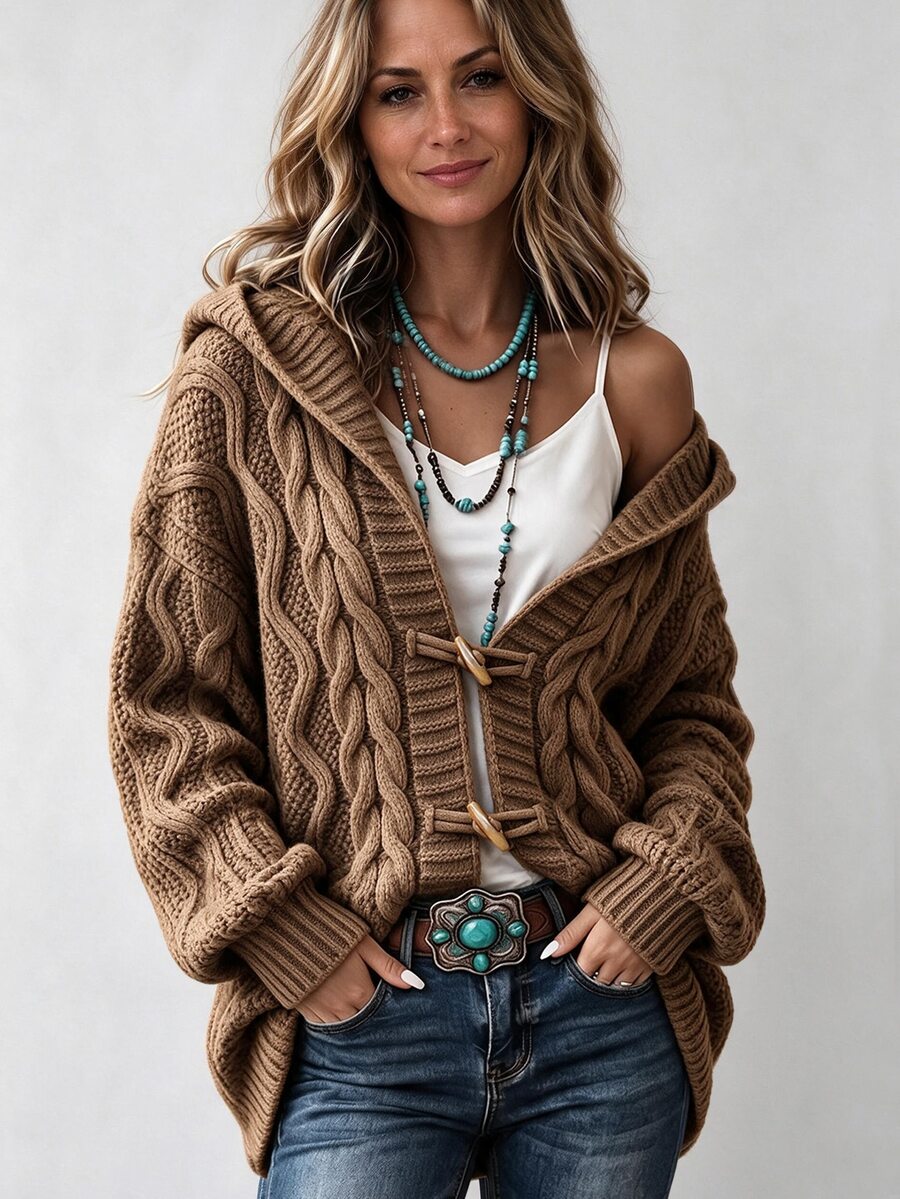 Omancia Vintage Hooded Cable Knit Toggle Cardigan, Casual Long Sleeve Sweater For Autumn - Brown - View 1