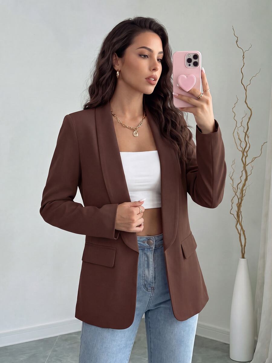 Rafferiza Spring & Autumn Casual Solid Color Shawl Collar Blazer Jacket Fall Cloth For Women - Chocolate Brown - View 1