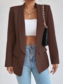Rafferiza Spring & Autumn Casual Solid Color Shawl Collar Blazer Jacket Fall Cloth For Women - Chocolate Brown - View 2