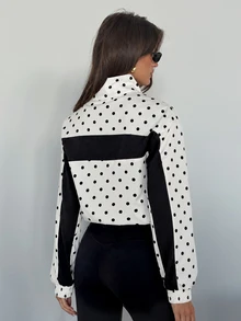 SHEIN Glamour Women's Black Polka Dot Colorblock Jacket, Fashionable Item, Essential For Outfits - Black and White - View 2