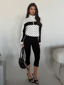 SHEIN Glamour Women's Black Polka Dot Colorblock Jacket, Fashionable Item, Essential For Outfits - Black and White - View 6
