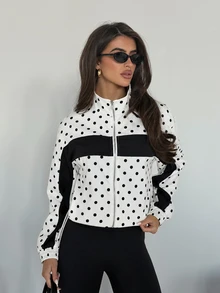 SHEIN Glamour Women's Black Polka Dot Colorblock Jacket, Fashionable Item, Essential For Outfits - Black and White - View 1