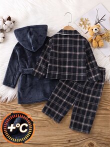 Baby Boy Autumn/Winter Premium Plush Pajama Set, Classic Plaid 3 Pieces Set, Suitable For Home, Holiday, Vacation, Christmas, Halloween Gift - Black - View 2