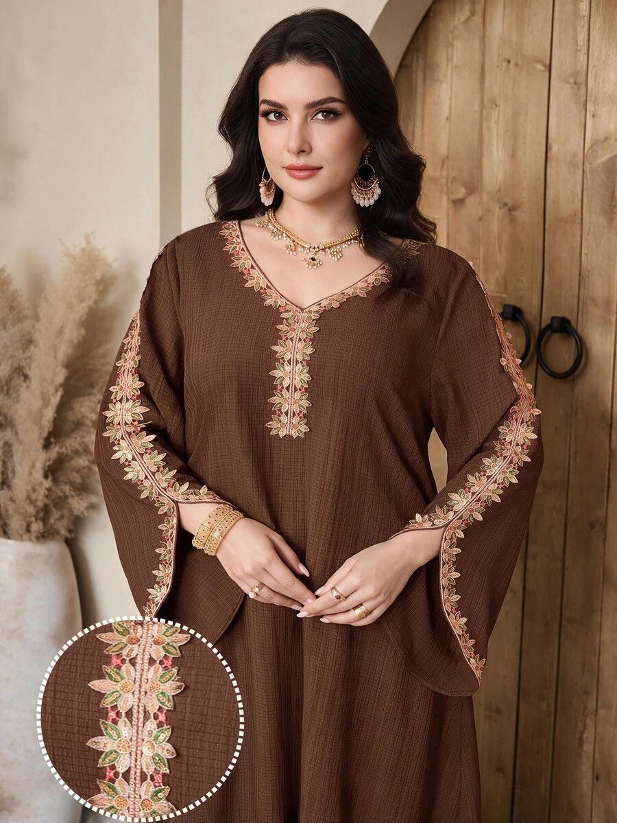 Al Najma Plus Size Women's Applique Decor V-Neck Flare Sleeve Elegant Arabic Style Dress - Coffee Brown - View 1