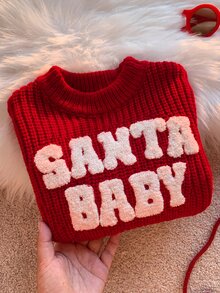 男女嬰兒/幼兒秋冬可愛聖誕標語刺繡針織毛衣，嬰兒冬季毛衣，聖誕節 - 紅色 - 查看 4