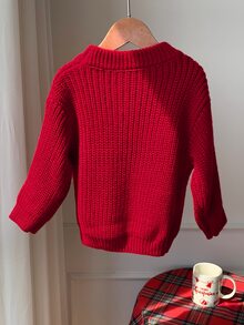 男女嬰兒/幼兒秋冬可愛聖誕標語刺繡針織毛衣，嬰兒冬季毛衣，聖誕節 - 紅色 - 查看 3
