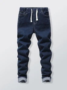 SHEIN Teen Boys Full Elastic Waist Drawstring All-Match Minimalist Versatile Daily Comfortable Stretch Light Gray Slim Fit Denim Jeans Autumn Winter - Dark Wash - View 1