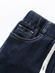 SHEIN Teen Boys Full Elastic Waist Drawstring All-Match Minimalist Versatile Daily Comfortable Stretch Light Gray Slim Fit Denim Jeans Autumn Winter - Dark Wash - View 3