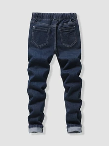 SHEIN Teen Boys Full Elastic Waist Drawstring All-Match Minimalist Versatile Daily Comfortable Stretch Light Gray Slim Fit Denim Jeans Autumn Winter - Dark Wash - View 2