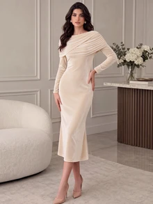 NOVVYNE Women's Solid Color Pleated Casual Party Summer Midi Dress - Apricot - View 8