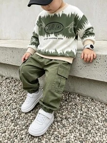 2件組小男孩運動衫套裝 街頭風 軍綠色與米白色 恐龍印花 長袖圓領 開學季秋季穿搭 - 彩色 - 查看 2