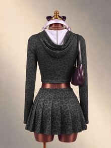 Mistrie Women's Leopard Print Cutout Twist Design 2 In 1 Sexy Drawstring Hooded Sweatshirt - Black - View 2