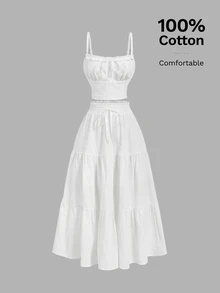 Skyraze Women's All White 2 Pieces Set,Ruched Bust Camisole & Ruffle Hem Skirt,Modest Summer Holiday Vacation Outfits,Boho Wedding Guest Dress,Holiday - White - View 4