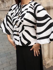 French Retro White Animal Print Zebra Puff Sleeve Short Jacket,Elegant Metal Button Fall Winter Top Day Party,Chic Versatile Commuting Street Style - Multicolor - View 6