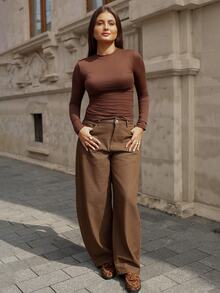 Women's Pocket Tapered Casual Streetwear Versatile Denim Jeans Everyday Dark Brown Summer - Brown - View 1