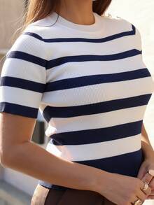 Anita Batonisashvili CONTRAST STRIPED PATTERN GOLD BUTTON DETAIL SLIM FIT KNIT TOP - Blue - View 5