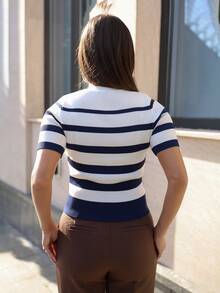 Anita Batonisashvili CONTRAST STRIPED PATTERN GOLD BUTTON DETAIL SLIM FIT KNIT TOP - Blue - View 3