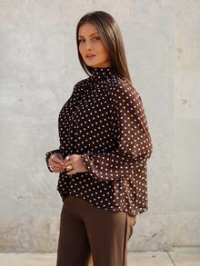 Stand Collar Long Sleeve Shirt With Bow Tie Cuff, Polka Dot Lining - Brown - View 4