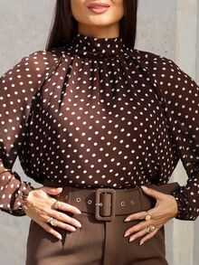 Stand Collar Long Sleeve Shirt With Bow Tie Cuff, Polka Dot Lining - Brown - View 5