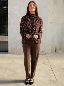 Stand Collar Long Sleeve Shirt With Bow Tie Cuff, Polka Dot Lining - Brown - View 3