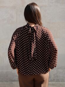 Stand Collar Long Sleeve Shirt With Bow Tie Cuff, Polka Dot Lining - Brown - View 2
