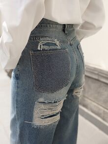 Women's Casual Distressed Rhinestone Embellished Straight Leg Jeans - Blue - View 3